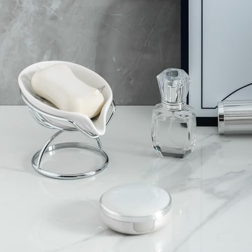 Leaf-Shaped Soap Dish – Premium Ceramic Soap Bar Holder with Self-Drainage System – Bar Soap Holder for Shower, Bathroom Sink, Kitchen – Waterfall Soap Dish with Stainless Steel Stand (SLIVER)