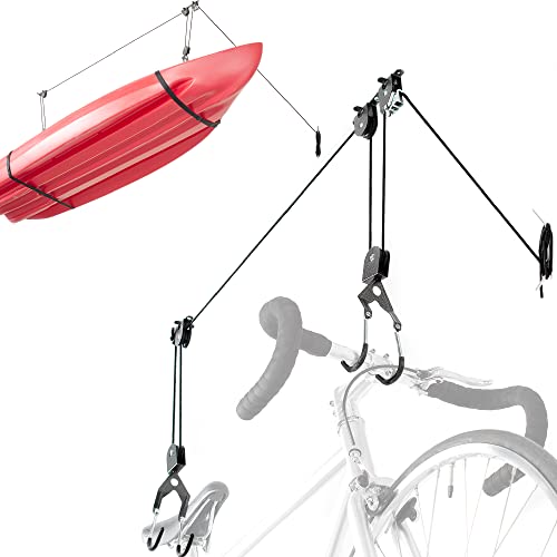 Delta Cycle Bike Storage Hoist for Garage Bicycle Hooks Pulley System | Auto-Locking Ceiling Bike Rack with 50 lb Capacity | Kayak Hoist Straps | Bike Hangers for Garage Ceiling up to 12 Ft