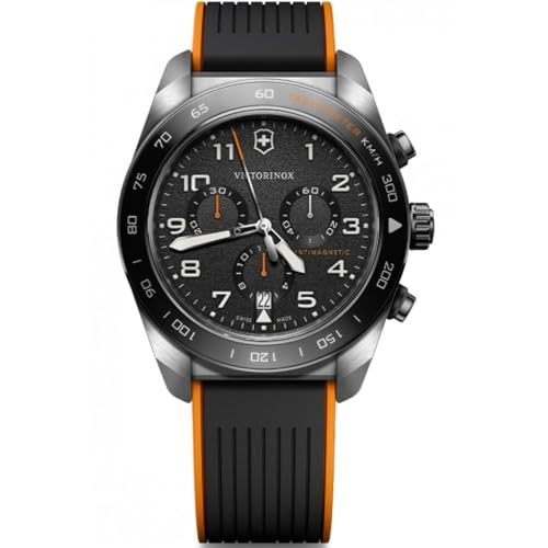 Image of Victorinox Swiss Army | Swiss Made Men's Chronograph Watch with Tachymeter, 42 mm, 100M Water Resistant, Anti-Shock & Antimagnetic | Black Dial, Stainless Steel Case, Black Rubber Strap | 242050