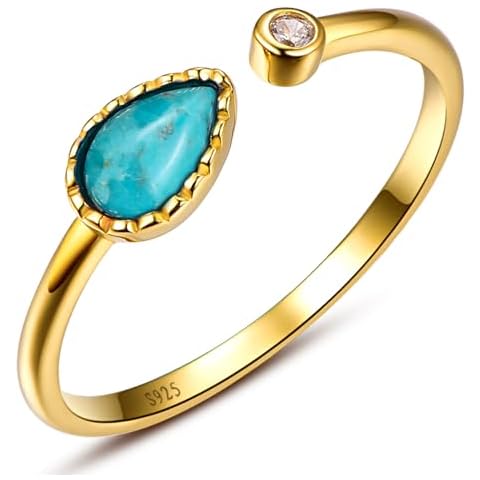 AVECON Pear Cut Turquoise Rings for Women Open Adjustable Ring 925 Sterling Silver 14K Yellow Gold Plated Rings Friendship Birthday Rings Gift for Women Size 6-11 Cover