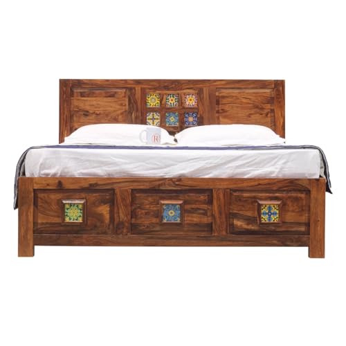 Image of Heritage Tile Design Sheesham Wood Queen Size Bed Without Storage (82x62 Inch) | Wooden Double Bed Cot for Bedroom Furniture | Modern Palang Bed | Honey Finish