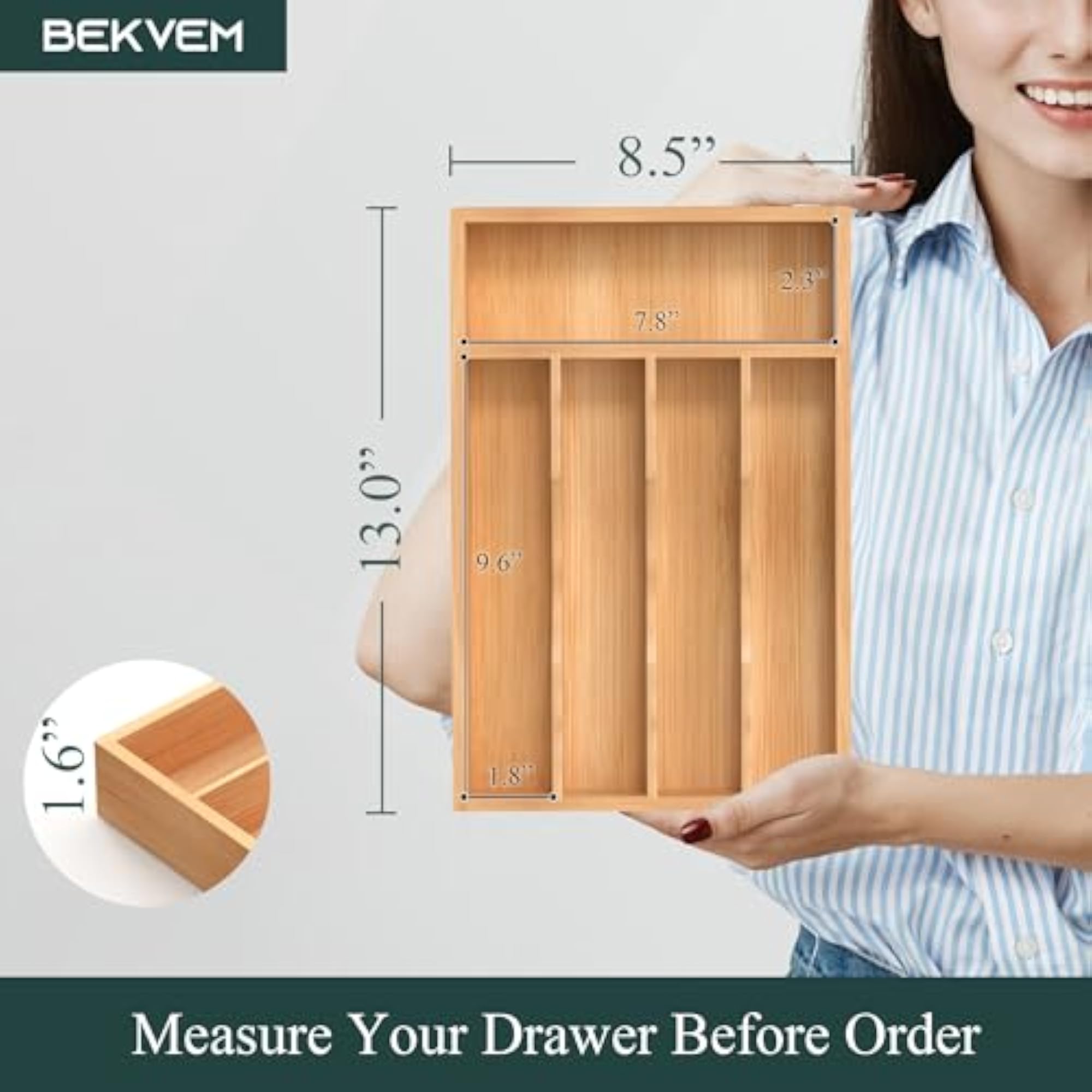 Bamboo Kitchen Drawer Organizer, Cutlery Tray & Utensil Holder