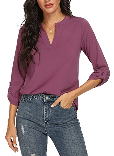 Niloufo Womens Casual Summer Shirts Notch V Neck Blouses 3/4 Roll Sleeve Tops Tunics(Mauve, Small) #TOP2