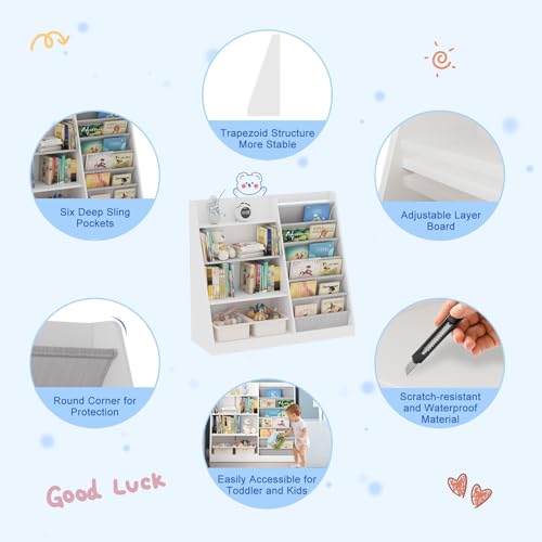 White-Kids-Bookshelf-Wood-Toy-Storage-Organizer-Cabinet-Children-Bookcase-Toddler-Baby-Sling-Book-Rack-Adjustable-Shelf-for-Playroom-Bedroom-Nursery-Hallway-School-Kindergarten White Kids Bookshelf Wood Toy Storage Organizer Cabinet Children Bookcase Toddler Baby Sling Book Rack Adjustable Shelf for Playroom Bedroom Nursery Hallway School Kindergarten