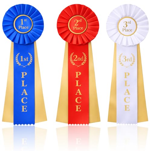 3Pcs Award Ribbon Rosette Set 1st 2nd 3rd Place Ribbon Premium Winner Ribbons Participation Ribbon Rosette for School Classroom Sport Event Awards First Second Third Recognition (3.9 x 11Inch)