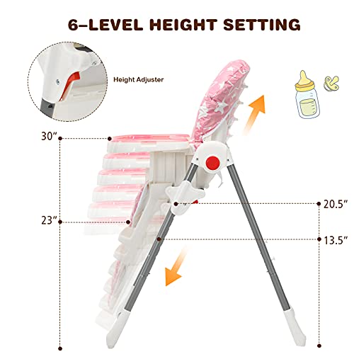 Baby Joy Folding High Chair For Babies & Toddlers, Infant Dining Chair W/Removable Dishwasher Safe Tray, 5-Point Safety Belt, Wheels, Detachable Cushion, Adjustable Backrest Footrest & Height (Pink) #TOP3