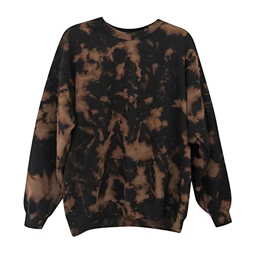 Crewneck Sweatshirts for Women Teen Girls Pullover Bleached Tie Dye Vintage Long Sleeve Loose Sweatshirt Graphic Tops Shirts(Coffee,Medium)