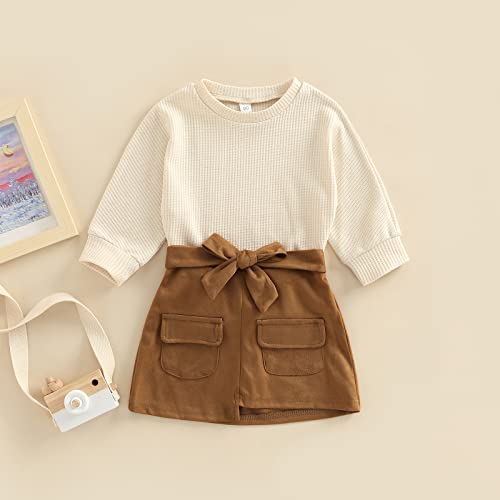 Image of Kids Toddler Baby Girl Fall Winter Outfit Long Sleeve Pompom Knitted Shirt Sweater Top Button Skirt 2PCS Clothes Set