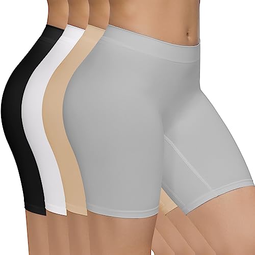 SIMIYA 4 Pack Womens Boxer Shorts Seamless Slip Shorts Stretchy Anti Chafing Underwear for Under Dresses(Black+white+nude+grey,XL)