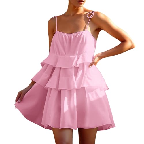 Women's Casual Dress V-Neck Lace Hollow Out Short Sleeve Ruffled Summer Cake Skirt for Everyday and Vacation (M) Pink