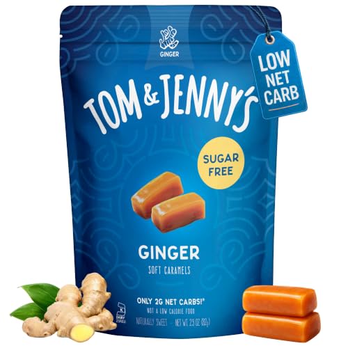 Tom & Jenny's Sugar Free Candy Soft Caramels Individually Wrapped - Sea Salt & Vanilla - Low Net Carb Keto Zero Sugar Candy with Allulose & Maltitol (Ginger Chewy Caramels) 1 Pack