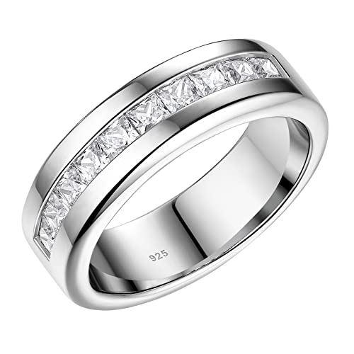 Men's Wedding Rings 925 Sterling Silver Ring Princess Round Cut White AAAAA Cubic Zirconia Size 8-13