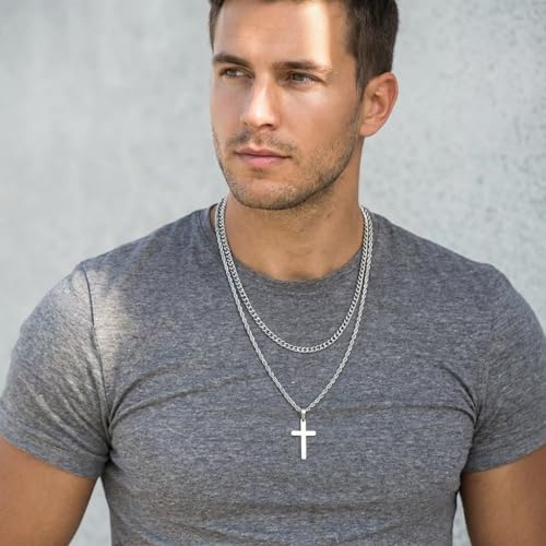 Men's Cross Necklace for Men - Silver Stainless Steel Layered Chain Set with Cross Pendant, Rope and Curb Chain Jewelry Accessories for Husband, Son, Boyfriend - Image 4