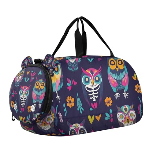 Glaphy Day Of The Dead Owls Skulls Pattern Duffle Bag for Toddler Boys Girls, Gym Sports Bag with Shoe Compartments, Kids Travel Overnight Weekender Shoulder Bag
