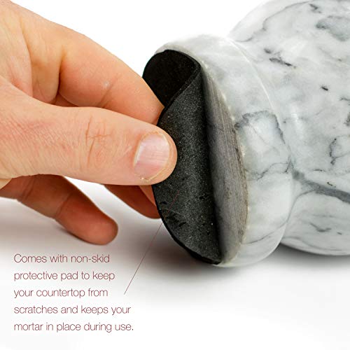 Marble Mortar And Pestle Set - Beautiful Polished White And Grey Veined Marble Mortar And Pestle Set With Garlic Peeler And Anti Scratch, Anti Skid Protective Pad #TOP3