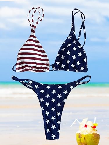 Image of Women's Sexy Thong Bottom Two Piece Bikini Double Shoulder Straps Cute Swimsuit Triangle Bathing Suit