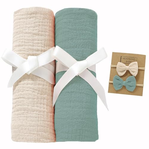 Image of okdiy 2 Pack Muslin Swaddle Blankets with Headband Set 47x47 in,Large 100% Organic Cotton Muslin Baby Blanket for Newborn Toddlers,Baby Receiving Blankets for Boys and Girls (Khaki+Green)