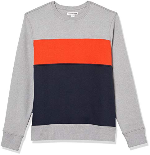 Amazon Essentials Men's Fleece Crewneck Sweatshirt, Grey Heather/Orange/Navy, Medium