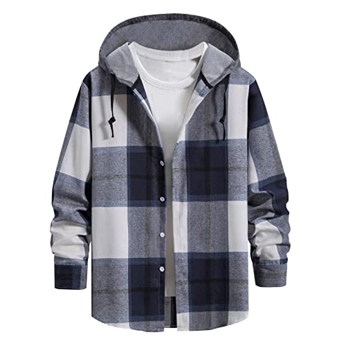 Mens Plaid Hooded Shirts Jacket Casual Lightweight Long Sleeve Fleece Spring Fall Warm Hiking Camping Shirt Coat