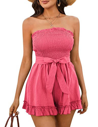 Zexxxy Women's Boho Rompers Sleeveless Smocked Ruffle Wide Leg Short Jumpsuits #TOP24