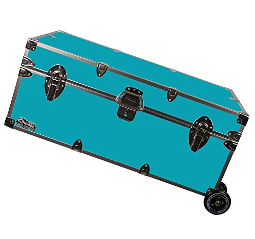 C&N Footlockers Happy Camper Trunk with Wheels - Camping Storage Chest - Durable with Lid Stay - 32 x 18 x 13.5 Inches (Teal)