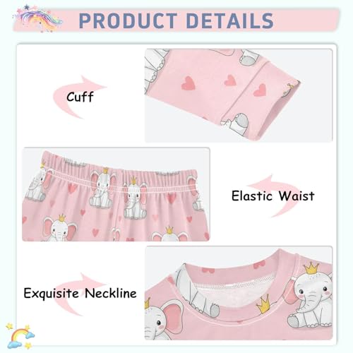 Pajama Sets Long Sleeve Cute Elephants with Crowns Pattern Soft Comfy Sleepwear 2 Piece PJS 3-8T4