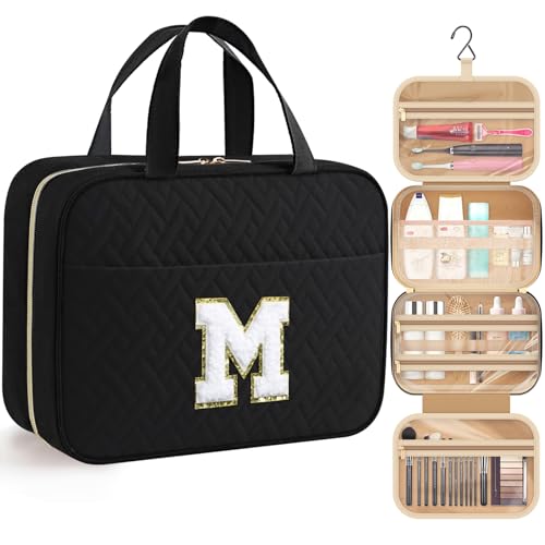 HOTOR Travel Toiletry Bag - Personalized Chenille Initial Makeup Bag, Water-Resistant Personalized Gifts for Women, Portable Travel Accessories & Essentials, Letter M, Black, 11.4
