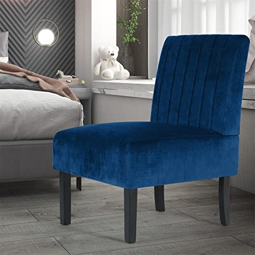 Image of STHOUYN Mordern Velvet Armless Accent Chair Decorative Slipper Chair Vanity Chair for Bedroom Desk, Corner Side Chair Living Room Furniture (1, Navy Blue)
