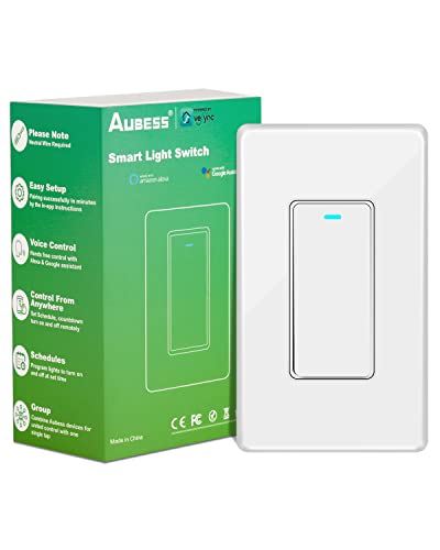 Aubess Smart Light Switch, 2.4Ghz Wi-Fi Light Switch Compatible With Alexa, Neutral Wire Required Smart Switch, App Control, Timer Schedual, Single-Pole, No Hub Required #TOP2