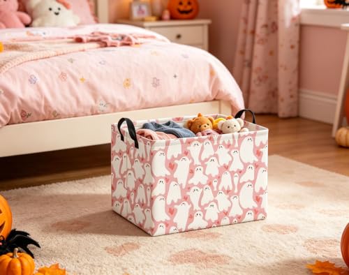 Image of Halloween Basket Cute Baskets for Kids Pumpkin Basket Rectangular Storage Bin Organizer Box Room Decor(Pink Cute Ghost)