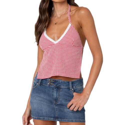 Women Plaid Backless Crop Top Y2k Lace Trim Open Back Tie-Up Spaghetti Strap Tank Top Summer Gingham Going Out Top