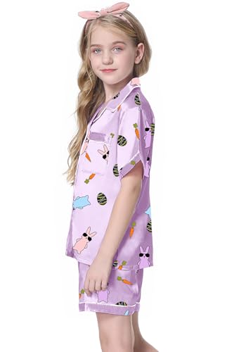 Image of Schbbbta Girls Womens Pajamas, Satin Silky Pjs Set Kids 2Pcs Button-Down Nightwear Sleepwear Gift for Mommy and me
