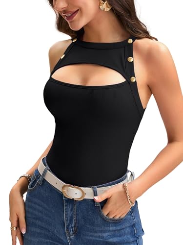 Vrtige Women's Cut Out Crewneck Ribbed Knit Sleeveless Slim Fit Tank Top Shirt3