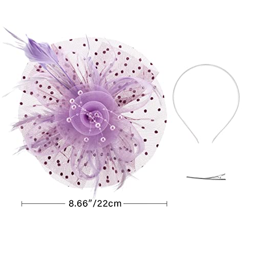 Image of DRESHOW Fascinators Hat Flower Mesh Ribbons Feathers on a Headband and a Clip Tea Party Headwear for Girls and Women