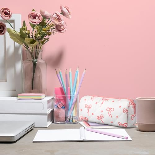 Image of Sherr Coquette Bow Pencil Case Pink Bow Cute Pencil Pouch Soft Cotton Storage Bag Aesthetic Pattern Gift Makeup Pouch Cosmetic Bag for Women Adults