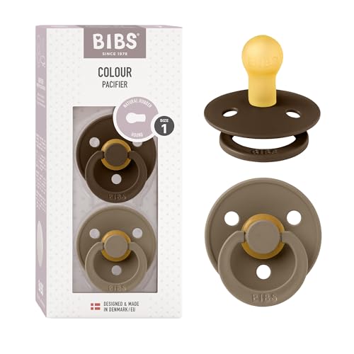Image of BIBS Pacifiers Colour Collection | Natural Rubber Baby Pacifier | Set of 2 BPA-Free Soothers | Made in Denmark | 0+ Months (Pack of 2) | Mocha/Dark Oak