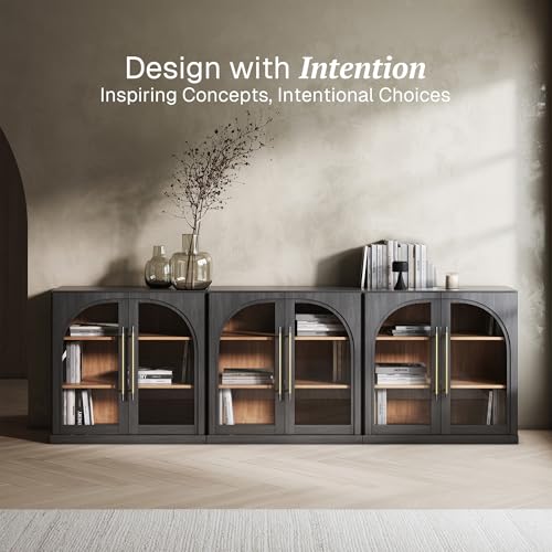 Image of BELLEZE Set of 3 Modular Sideboard with Arched Glass Door, 97'' Accent Display Buffet Cabinet with Storage and Adjustable Shelves,Classic Modern Credenza for Living Room Kitchen Entryway (Ebony)