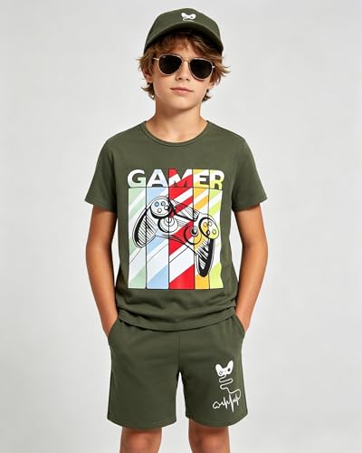 Image of Cakaner Tween Boys Summer Clothes 2 Piece Short Sleeve Graphic T-Shirt and Shorts Casual Outfit Set Size 7-14