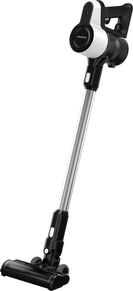 GRUNDIG VCP 4130 2-in-1-Akku-Stielstaubsauger, 2 Saugkraftstufen, 110 Watt Motor, 21, 6 Volt Li-Ion Akku, 550 ml Staubaufnahmevolumen, bis zu 45 Minuten Betriebszeit, 80 Dezibel, Weiß / Schwarz