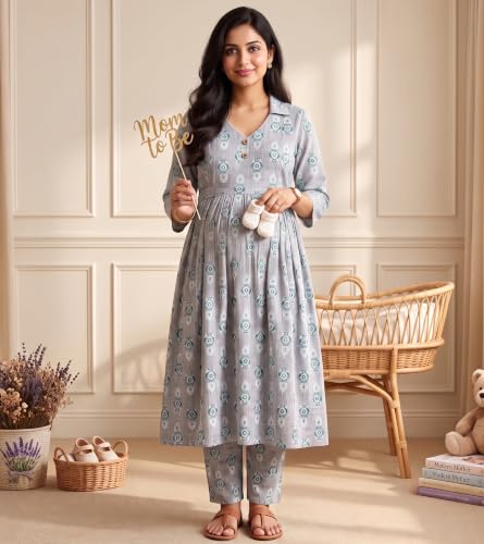 Image of DUMMY SHAPE Maternity Dresses for Women Cotton | Floral Kurta Pant Dupatta Set with Nursing Zippers, Side Pocket | Pre & Post Pregnancy | Feeding Kurti Suit | Baby Shower | Gifts for Pregnant Woman