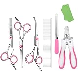 Dog Grooming Scissors with Safety Round Tip Pet Grooming scissors Kit Dog Shears kit Incudes Thinning Curved Straight Grooming Scissors Nail Clippers Nail File and Comb for dogs cats