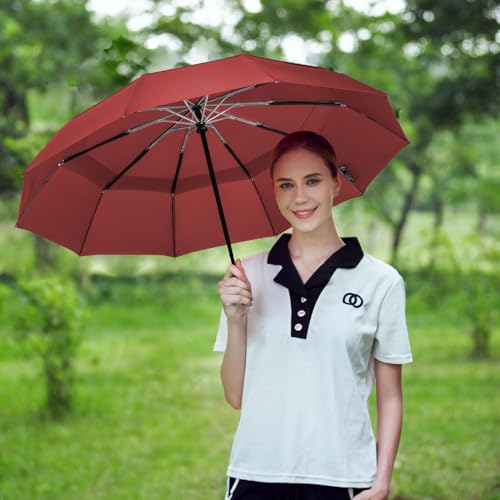 Image of LANBRELLA Umbrella, Vented Travel Umbrella, Compact, Auto Open Close, 10 Ribs, Windproof, Burgundy