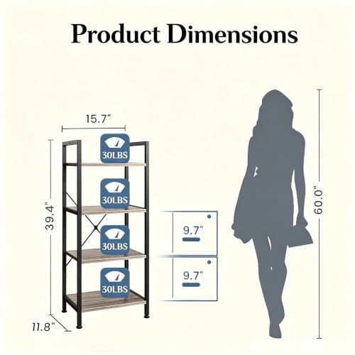 Image of HealSmart 4 Tier Bookshelf, Free Standing Book Shelf Home Office Bookcase Shelf Storage Organizer for Bedroom, Bathroom, Living Room, Office, Balcony, Gray Wood