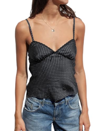 Women Silk Crop Cami Top Y2k Polka Dot Spaghetti Strap Tank Top Lace Trim V Neck Camisoles Trendy Going Out Tops