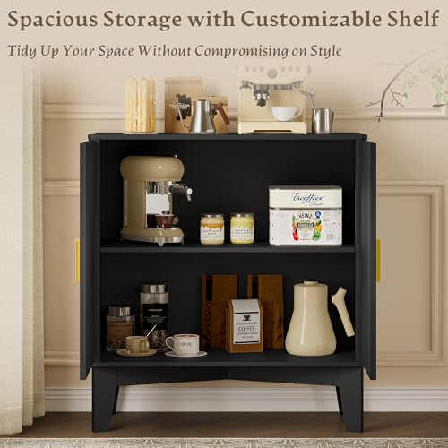 Image of BORNOON Storage Cabinet with Doors and Adjustable Shelf, Modern Fluted Sideboard Buffet Cabinet, Freestanding Coffee Bar for Kitchen, Pantry, Entryway, Living Room (Black)