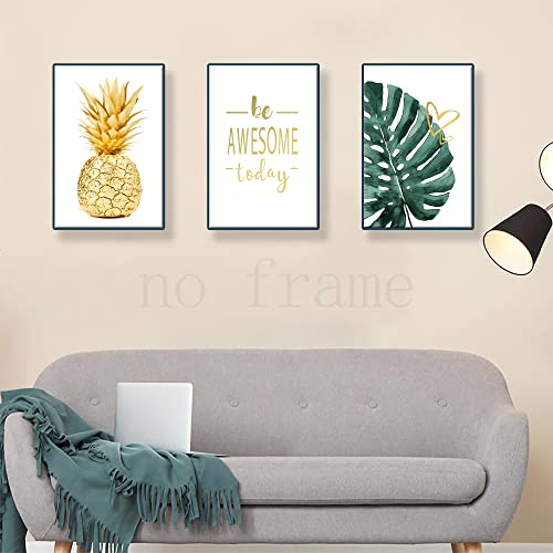 Pineapple Wall Decor Gold Pineapple Wall Art Green Leaves Painted Picture Monstera Canvas Prints Inspirational Quote Poster Be Awesome Today Wall Art Frameless For Living Room Decor 3Pcs #TOP2
