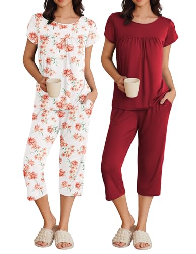 Image of Ekouaer Women's Capri Pajama Set Short Sleeve Mumu Pjs Pleated Top Capri Pants with Pockets Sleepwear Lounge Set