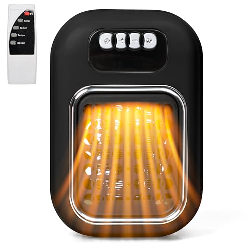 TirEurt Plug in Heater 600w Remote Wall Outlet Space PTC Ceramic Heater 1-12H Timer and LED Display Adjustable Thermostat for Bedroom Office Kitchen Auto Shut Off,Black