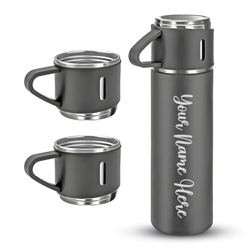 Image of Personalized Flask Set with 3 Cups | Premium Gift Set for Drinks | Stainless Steel Flask with Shot Glasses for Travel, Parties, and Gifting | Durable & Stylish (Customizable) (Grey)