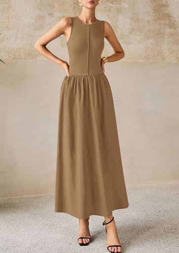Image of PRETTYGARDEN Maxi Dresses for Women 2026 Summer Casual Sleeveless Patchwork Flowy Vacation Sundress Knit Long Work Tank Dress